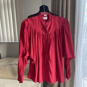 Vintage Banco Red Silk Blouse Gathered Dolman Sleeves Henley Neck L